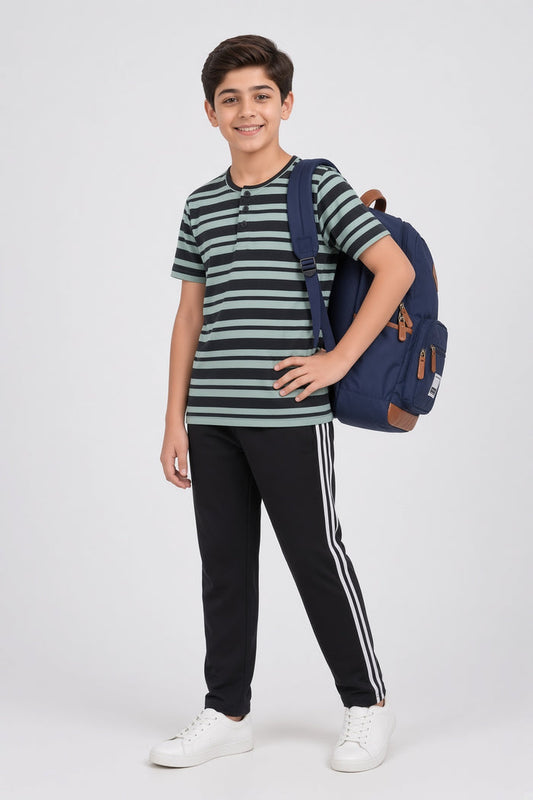 Boys Premium Striped Henley Single Jersey Cotton Shirt & Black Trouser Set