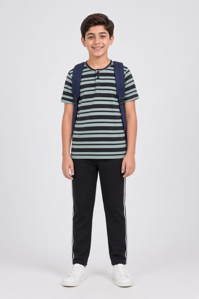 Boys Premium Striped Henley Single Jersey Cotton Shirt & Black Trouser Set