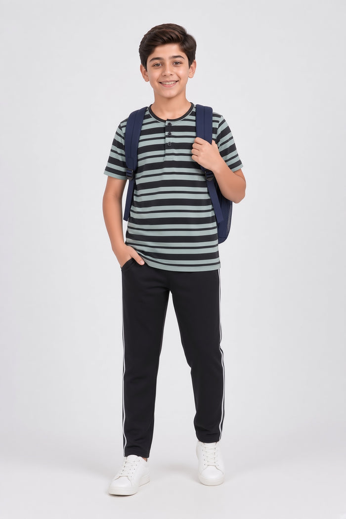 Boys Premium Striped Henley Single Jersey Cotton Shirt & Black Trouser Set