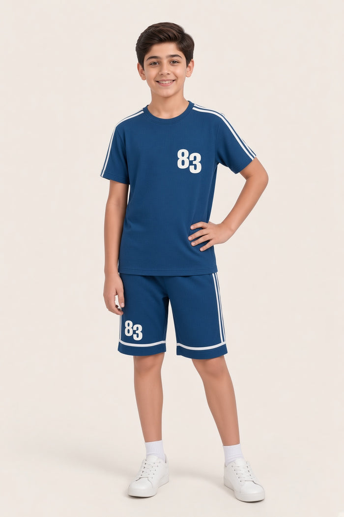 Boys Premium Teal Blue Printed Waffle Knit Shorts Set