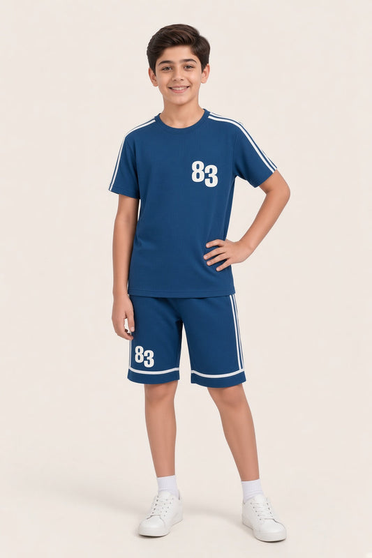Boys Premium Teal Blue Printed Waffle Knit Shorts Set