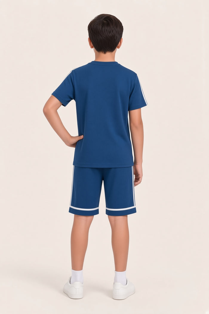 Boys Premium Teal Blue Printed Waffle Knit Shorts Set