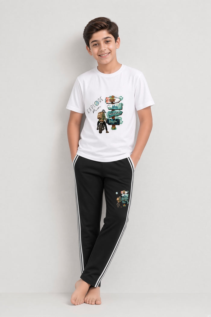 Boys Premium White Printed Single Jersey Cotton T-Shirt & Black Trouser Set