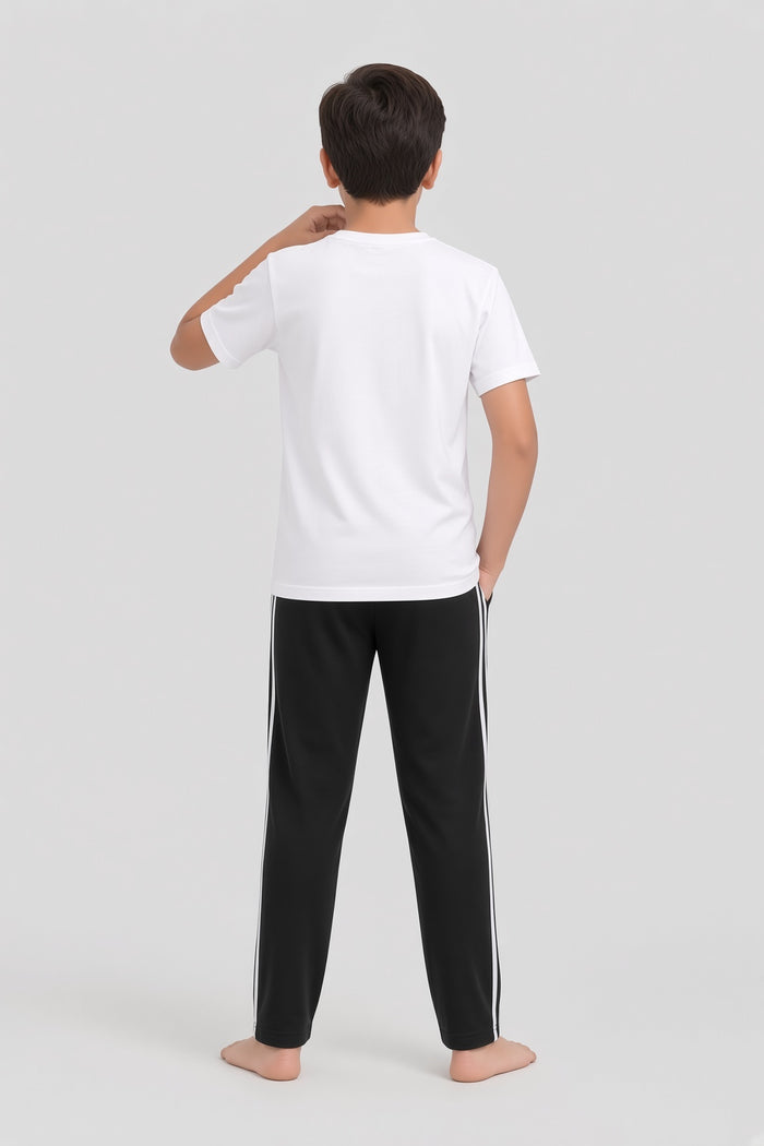 Boys Premium White Printed Single Jersey Cotton T-Shirt & Black Trouser Set