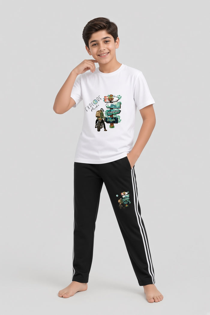 Boys Premium White Printed Single Jersey Cotton T-Shirt & Black Trouser Set