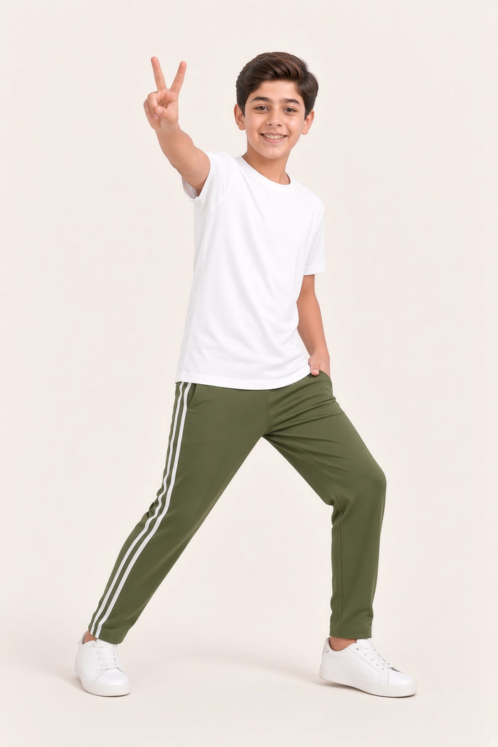 Boys Premium White Single Jersey Cotton T-Shirt & Olive Green Trouser Set