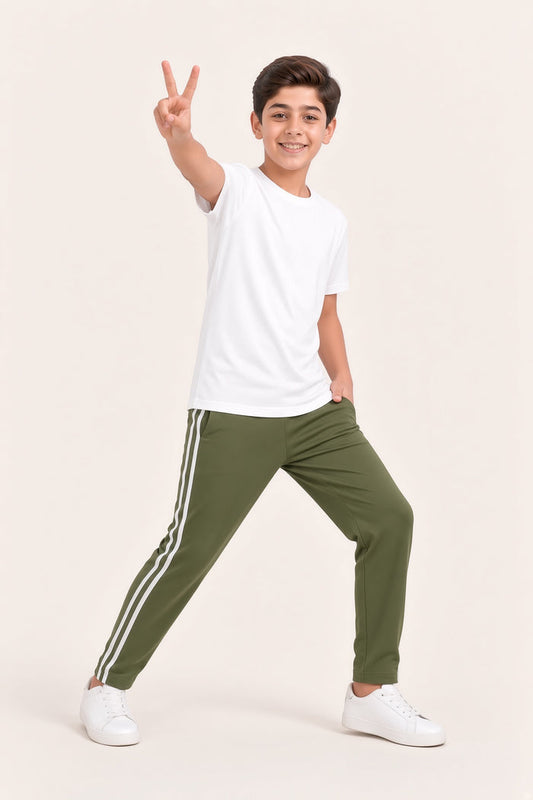 Boys Premium White Single Jersey Cotton T-Shirt & Olive Green Trouser Set