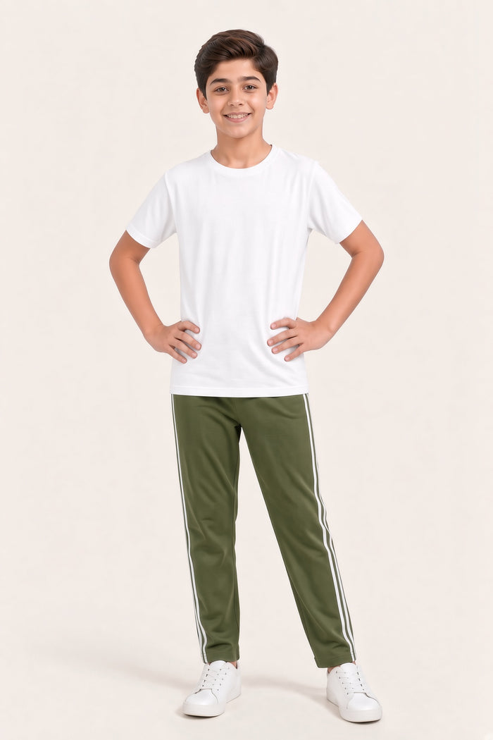 Boys Premium White Single Jersey Cotton T-Shirt & Olive Green Trouser Set - Hinz Clothing
