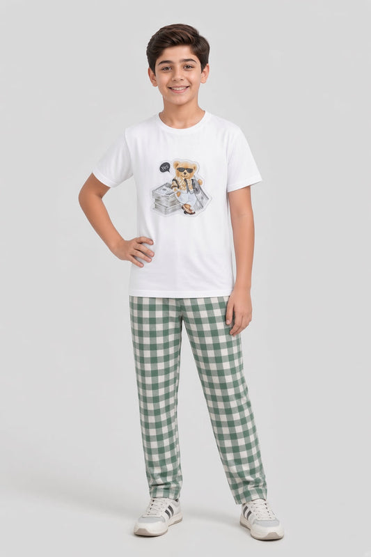 Boys Premium White Teddy Bear Printed Single T-Shirt & Green Check Trouser Set - Hinz Clothing