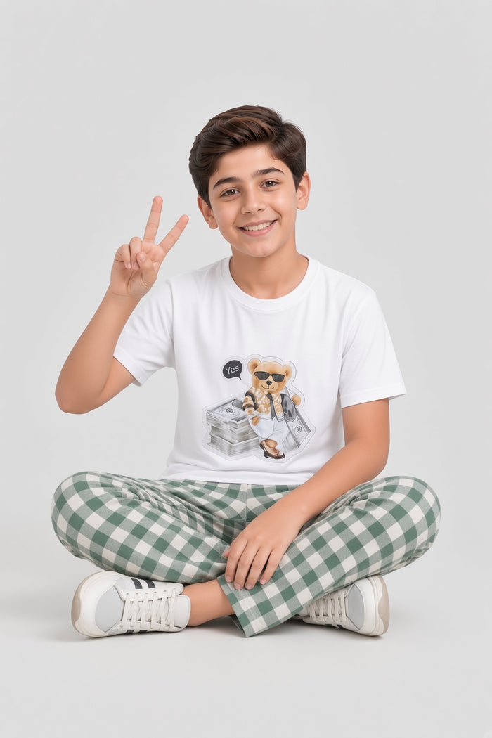 Boys Premium White Teddy Bear Printed Single T-Shirt & Green Check Trouser Set - Hinz Clothing