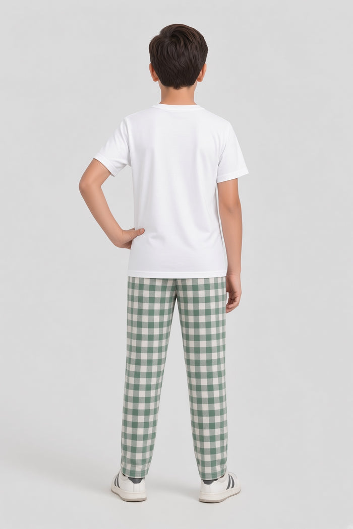 Boys Premium White Teddy Bear Printed Single T-Shirt & Green Check Trouser Set - Hinz Clothing