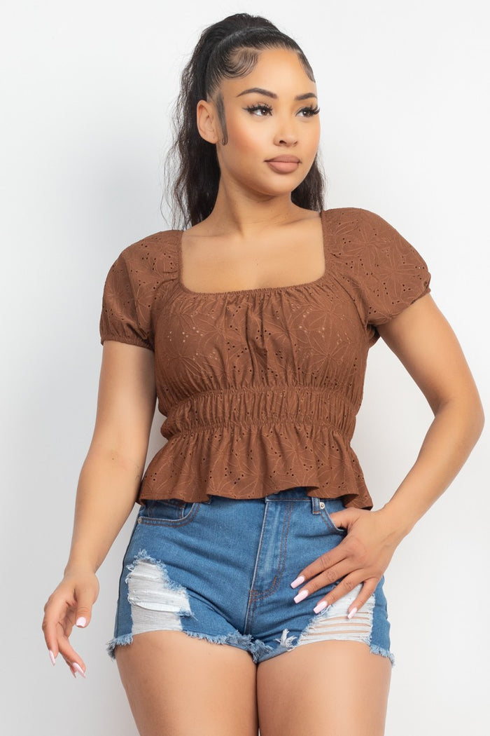 Brown Puff Sleeve Eyelet Peplum Top