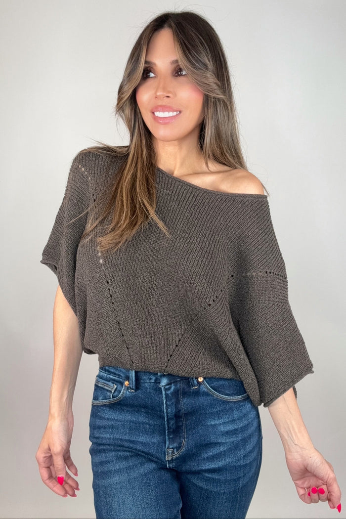 Style the Brown Short-Sleeve Ribbed Knit Sweater exclusively at Born To Glam