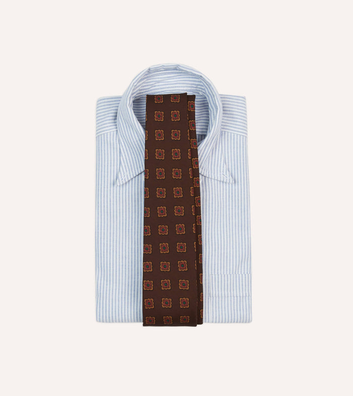 Brown Square Flower Medallion Print Wool-Silk Self Tipped Tie