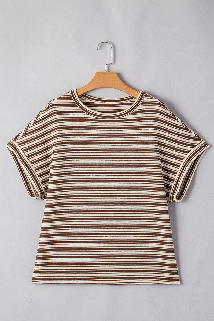 Brown Stripe Textured Side Slits Crew Neck T Shirt - S / 50% Polyester + 50% Cotton - Tops/Tops & Tees