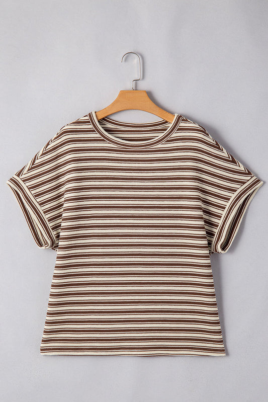 Brown Stripe Textured Side Slits Crew Neck T Shirt - S / 50% Polyester + 50% Cotton - Tops/Tops & Tees