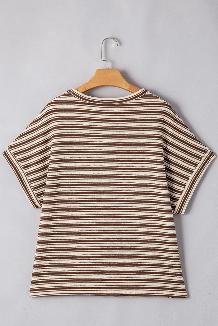 Brown Stripe Textured Side Slits Crew Neck T Shirt - Tops/Tops & Tees
