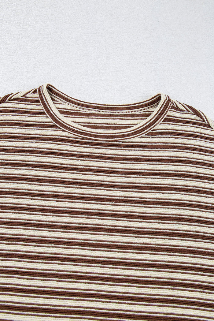 Brown Stripe Textured Side Slits Crew Neck T Shirt - Tops/Tops & Tees