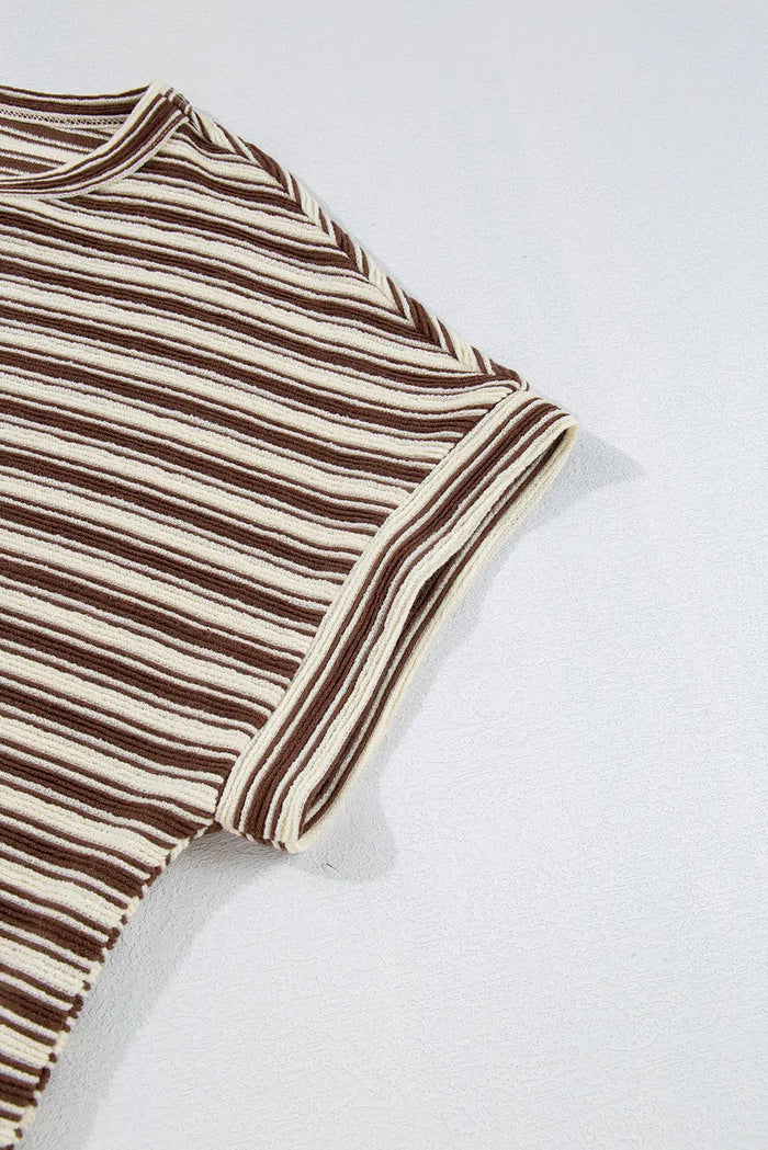 Brown Stripe Textured Side Slits Crew Neck T Shirt - Tops/Tops & Tees