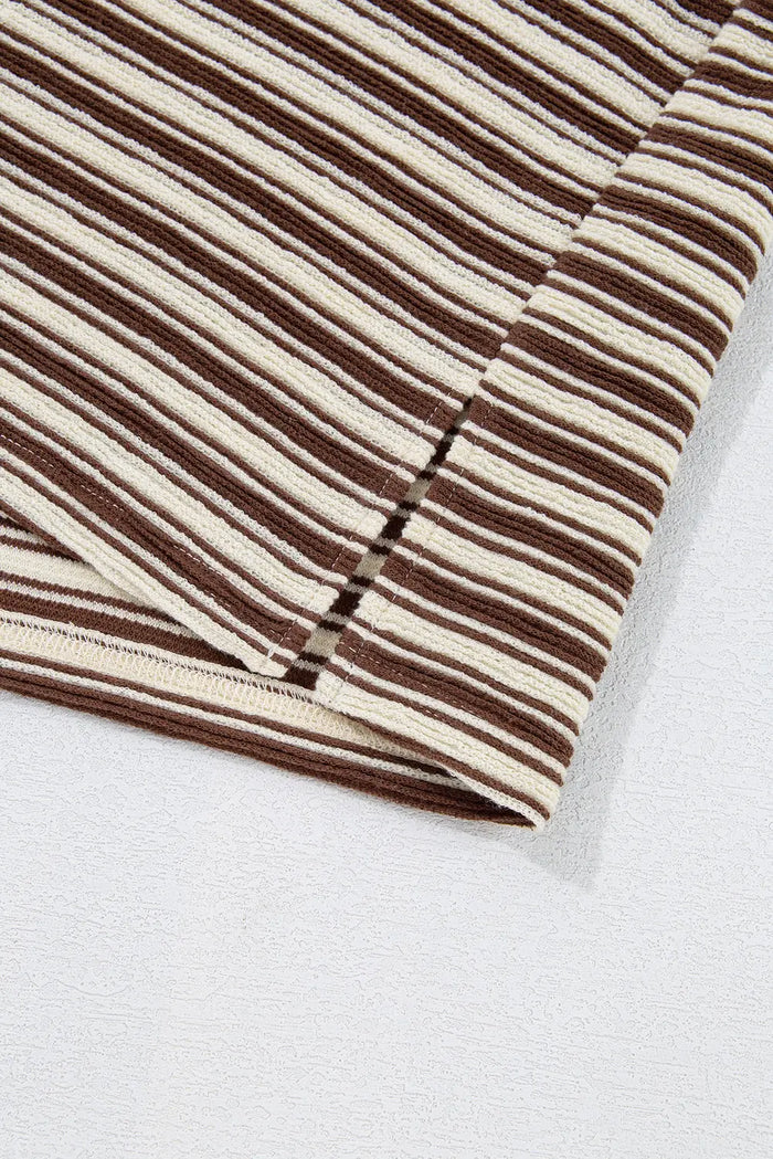 Brown Stripe Textured Side Slits Crew Neck T Shirt - Tops/Tops & Tees
