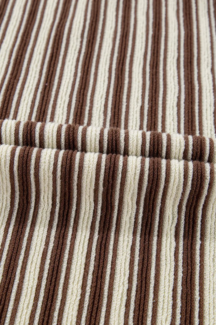 Brown Stripe Textured Side Slits Crew Neck T Shirt - Tops/Tops & Tees