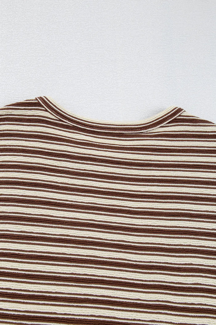 Brown Stripe Textured Side Slits Crew Neck T Shirt - Tops/Tops & Tees