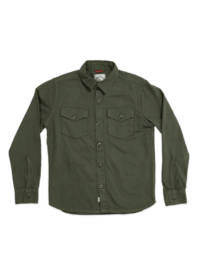 Olive green button-up shirt with two chest pockets, buttoned cuffs, and a classic collar, laid flat on a white background.