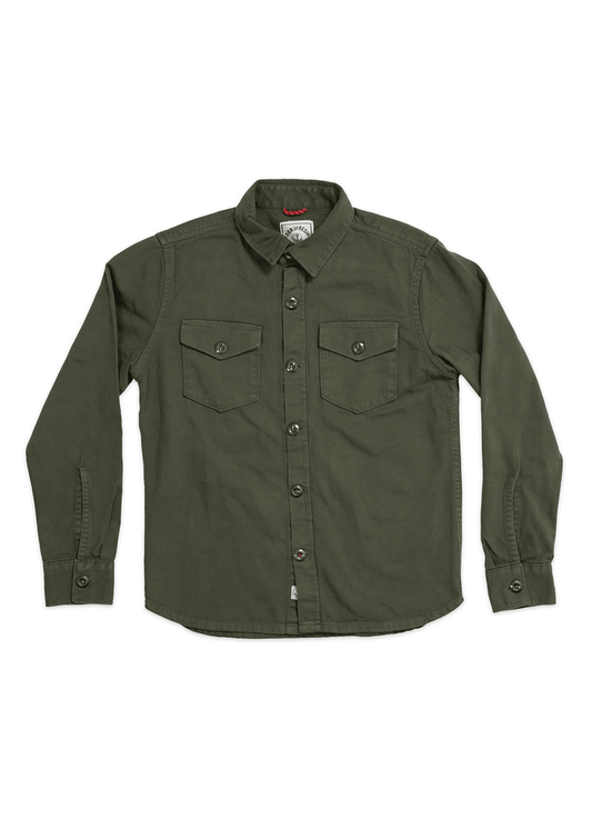 Olive green button-up shirt with two chest pockets, buttoned cuffs, and a classic collar, laid flat on a white background.