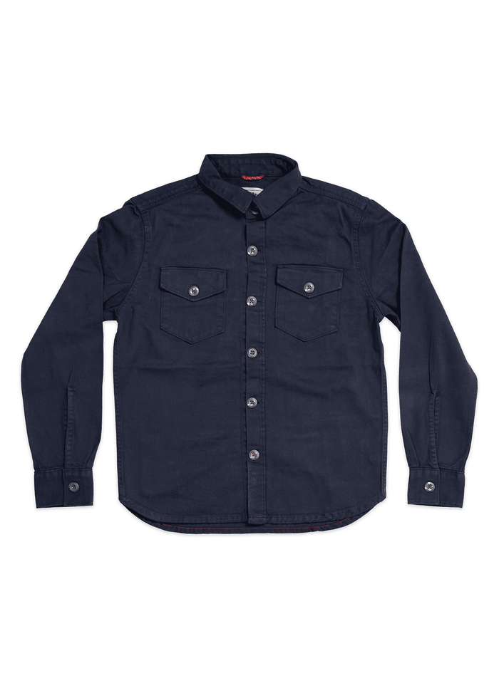 Navy blue button-up shirt with two chest pockets, long sleeves, and a collar, displayed on a white background.