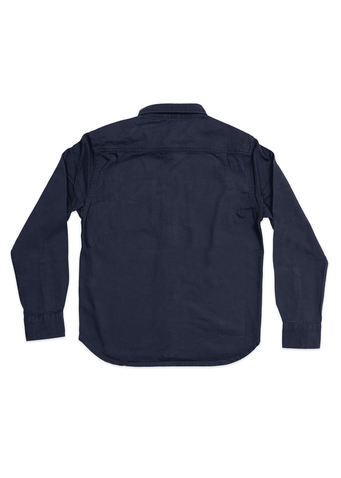 Navy blue long-sleeve shirt shown from the back, featuring a classic collar and buttoned cuffs on a plain white background.