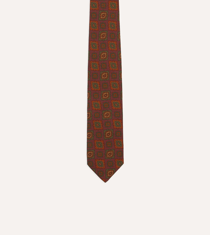 Burgundy Paisley Medallion Print Wool-Silk Self Tipped Tie