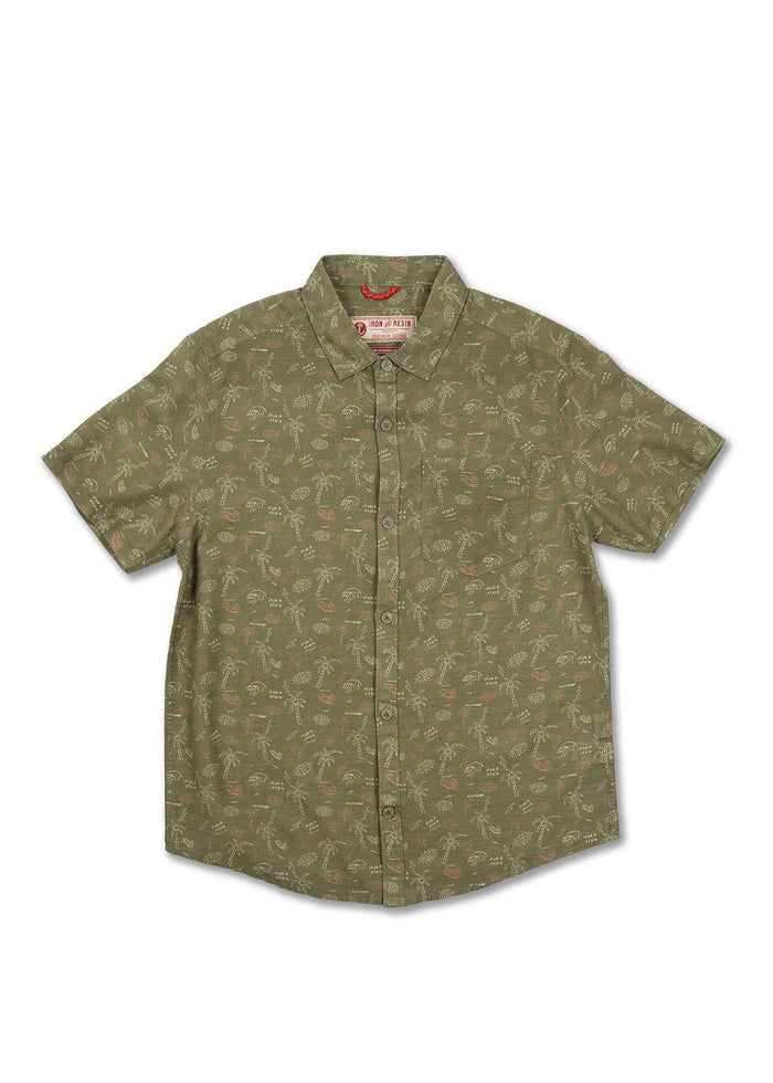 Olive green short-sleeve shirt with palm tree print, button-up front, and collar, displayed on a white background.