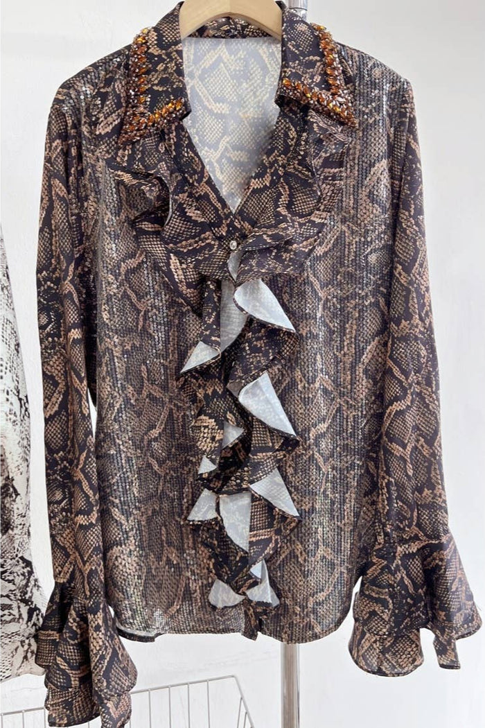 Style the Caramel Snake Print Ruffle Blouse exclusively at Born To Glam
