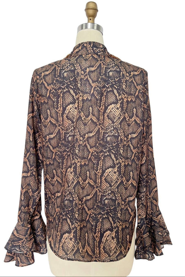 Style the Caramel Snake Print Ruffle Blouse exclusively at Born To Glam