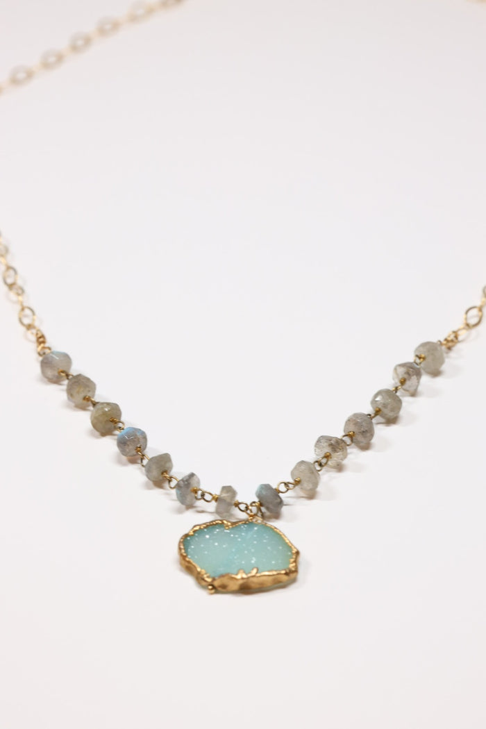 Gemstone necklace with aquamarine druzy