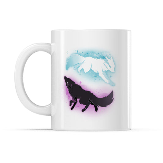 Ceramic Mug_TeeTurtle Celestial Spirits white mug featuring a white celestial wolf and black celestial wolf chasing each other in a circle in space.