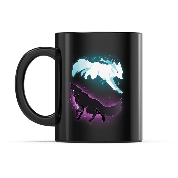 Ceramic Mug_TeeTurtle Celestial Spirits black mug featuring a white celestial wolf and black celestial wolf chasing each other in a circle in space.