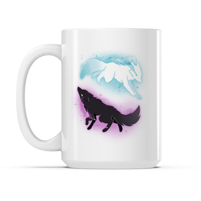 Ceramic Mug_TeeTurtle Celestial Spirits white mug featuring a white celestial wolf and black celestial wolf chasing each other in a circle in space.