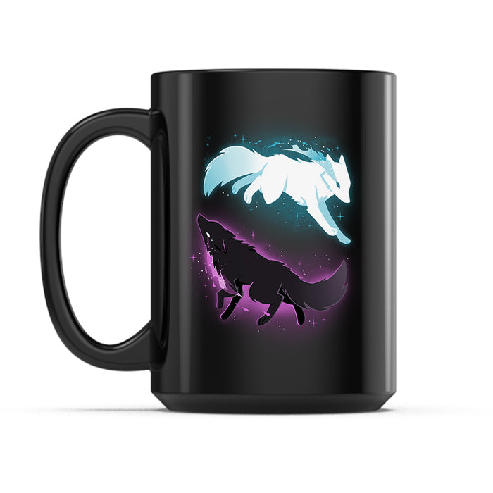 Ceramic Mug_TeeTurtle Celestial Spirits black mug featuring a white celestial wolf and black celestial wolf chasing each other in a circle in space.