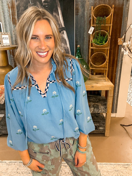 CHECK EMBROIDERY BLOUSE, DUSTY BLOUE