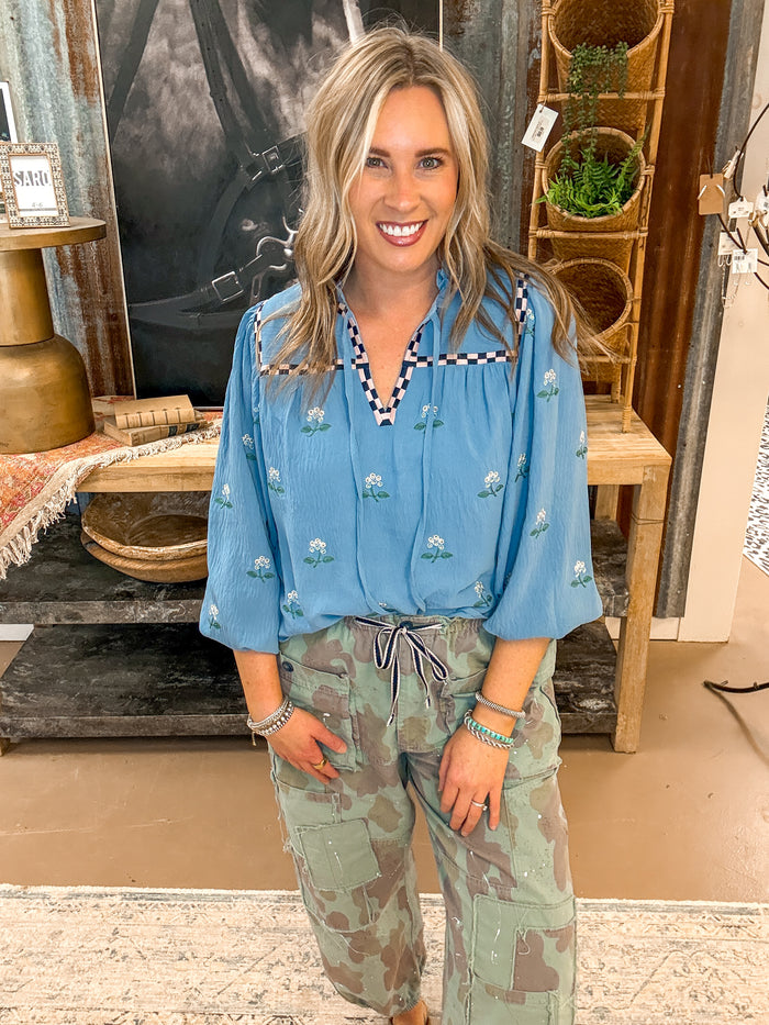 CHECK EMBROIDERY BLOUSE, DUSTY BLOUE
