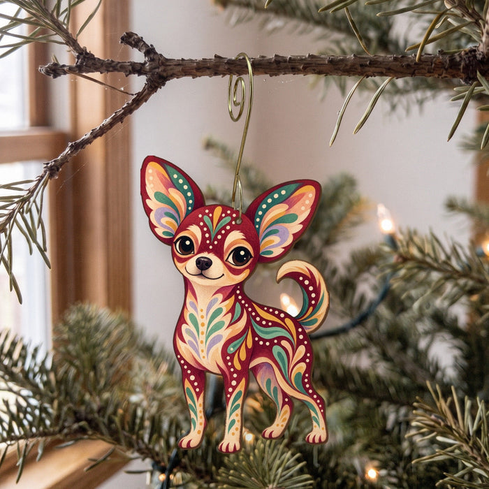 Laser-cut maple wood Chihuahua folk art ornament O454 hanging on a fir branch, made in USA