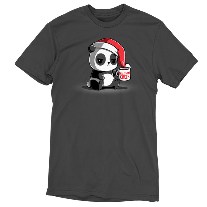 Premium Cotton T-shirt_TeeTurtle Christmas Cheer charcoal gray t-shirt featuring a panda wearing a Santa hat and holding a mug.