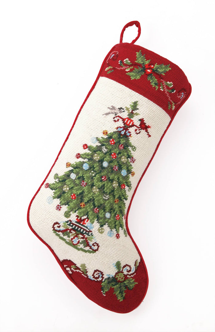 Christmas Holly Garden Tree Needlepoint Stocking - KATE MCROSTIE