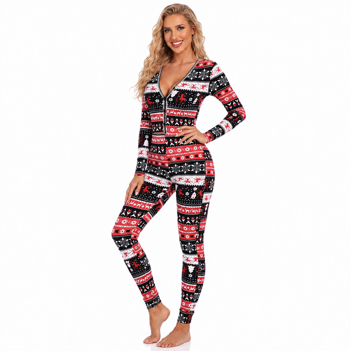 Christmas jumpsuit for women in black with painted festive print, regular sleeves and slim fit for easy holiday outfit style.