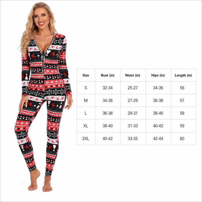 Black women's Christmas jumpsuit with painted seasonal print, regular sleeves and fitted pants for festive streetwear styling