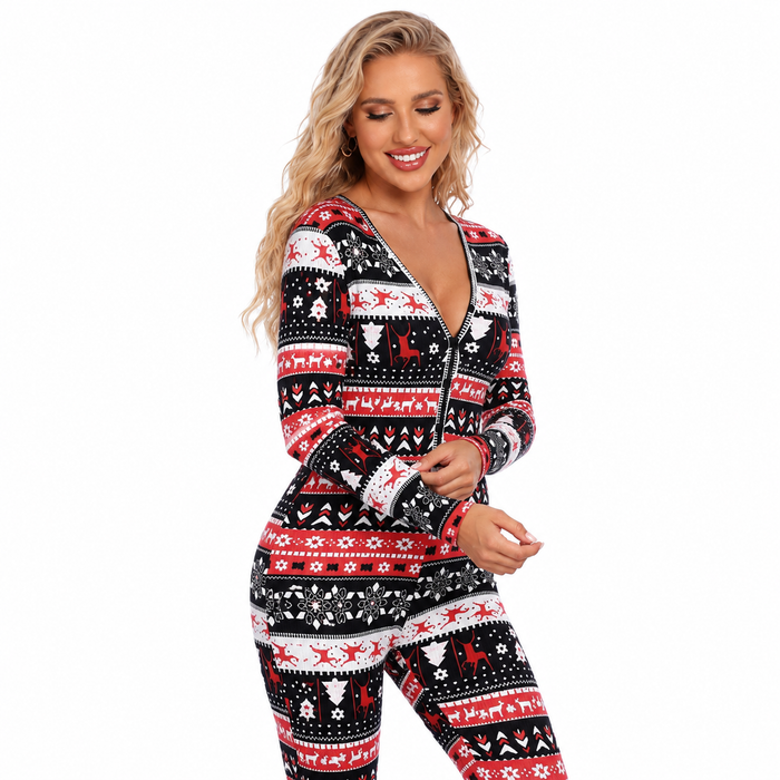 Women's black holiday jumpsuit with Christmas print, pullover design, regular sleeves and slim silhouette for seasonal style.
