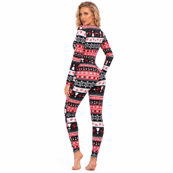 Black Christmas jumpsuit for women with regular sleeves, fitted pants and painted festive details for casual holiday look now