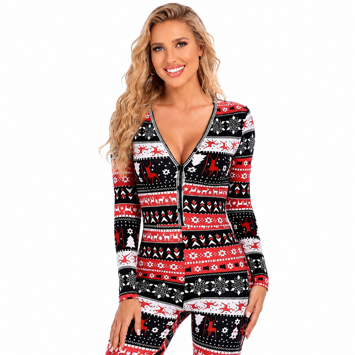 Women's Christmas jumpsuit in navy blue with festive print, regular sleeves and slim fit for easy holiday outfit styling now.