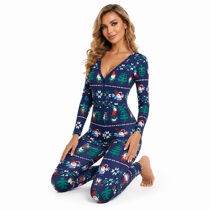 Navy blue Christmas jumpsuit for women with seasonal print, regular sleeves and fitted pants for festive casual outfit ideas.